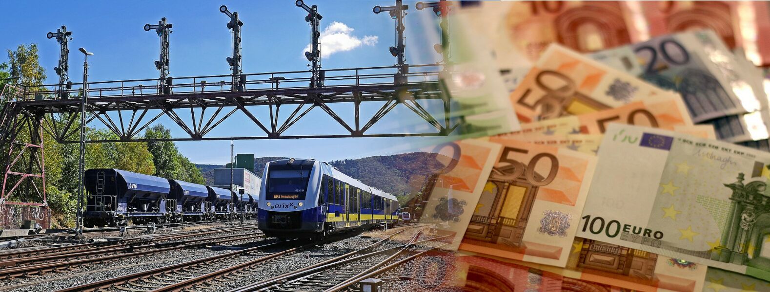 Collage of Erixx trainset at Bad Harzburg Exit Signals with Euro Bank Notes (© railML.org/Alexander Wolf with Pixabay images)